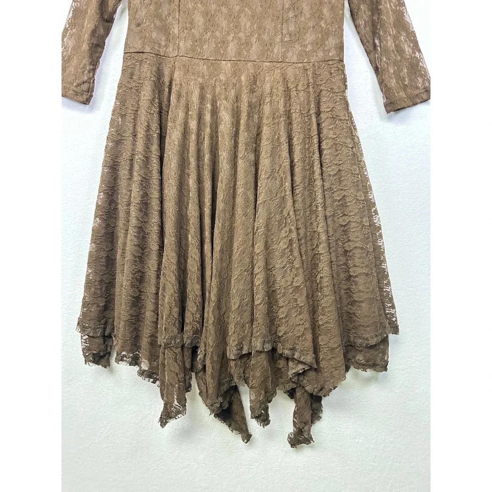 Back in the Saddle Brown Lace Midi Dress with Asymmetrical‎ Hem Size L - Picture 6 of 9